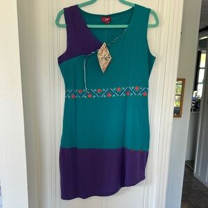 Sleeveless Teal and Purple Embroidered Mini Dress